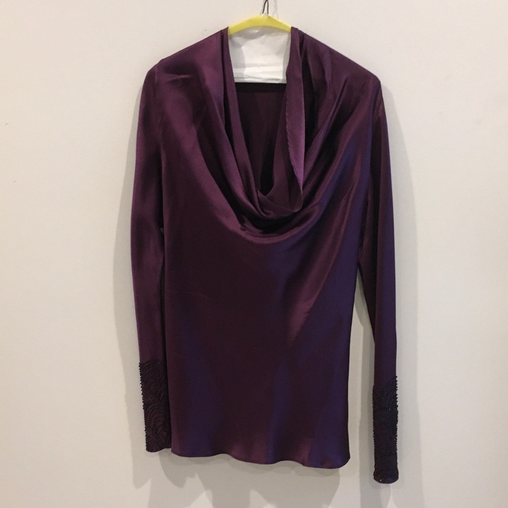 Josie Natori Deep Purple Silk Cowl Neck Blouse